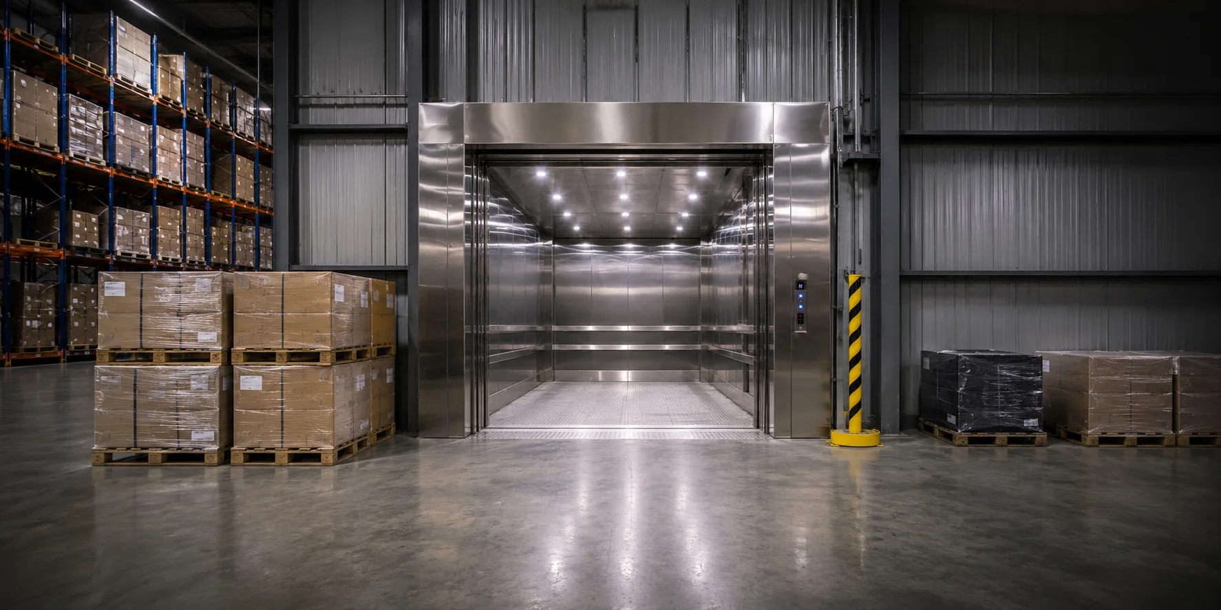 Industrial freight elevator cabin with wide loading door