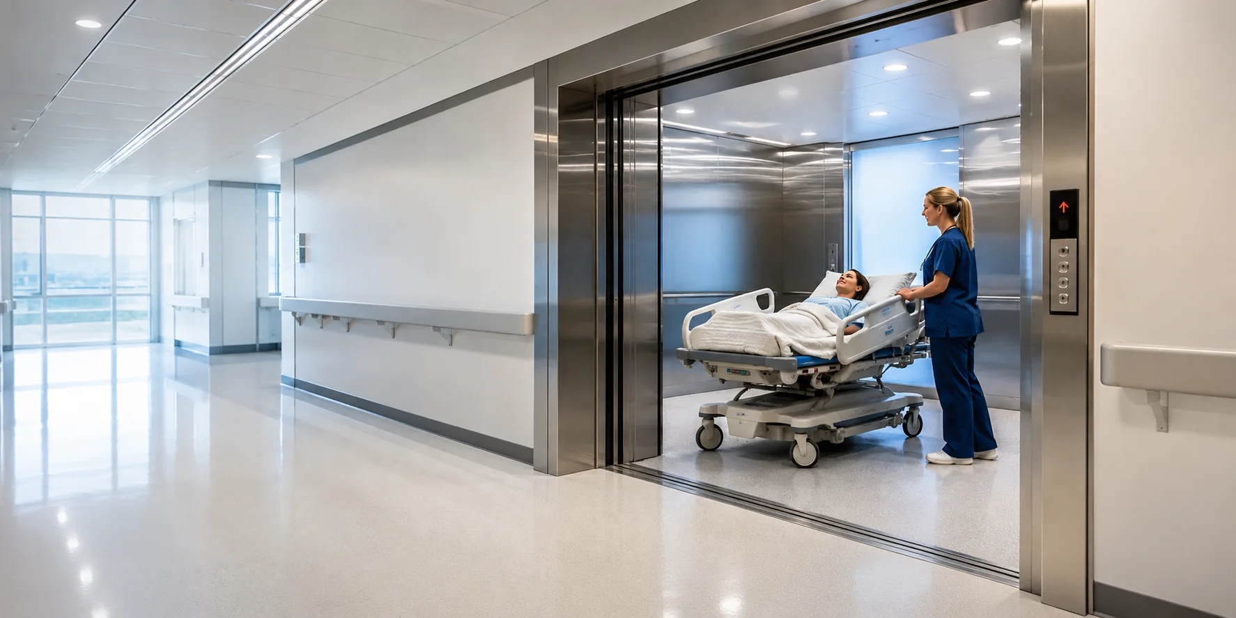 Hospital elevator sized for stretcher and bed transport