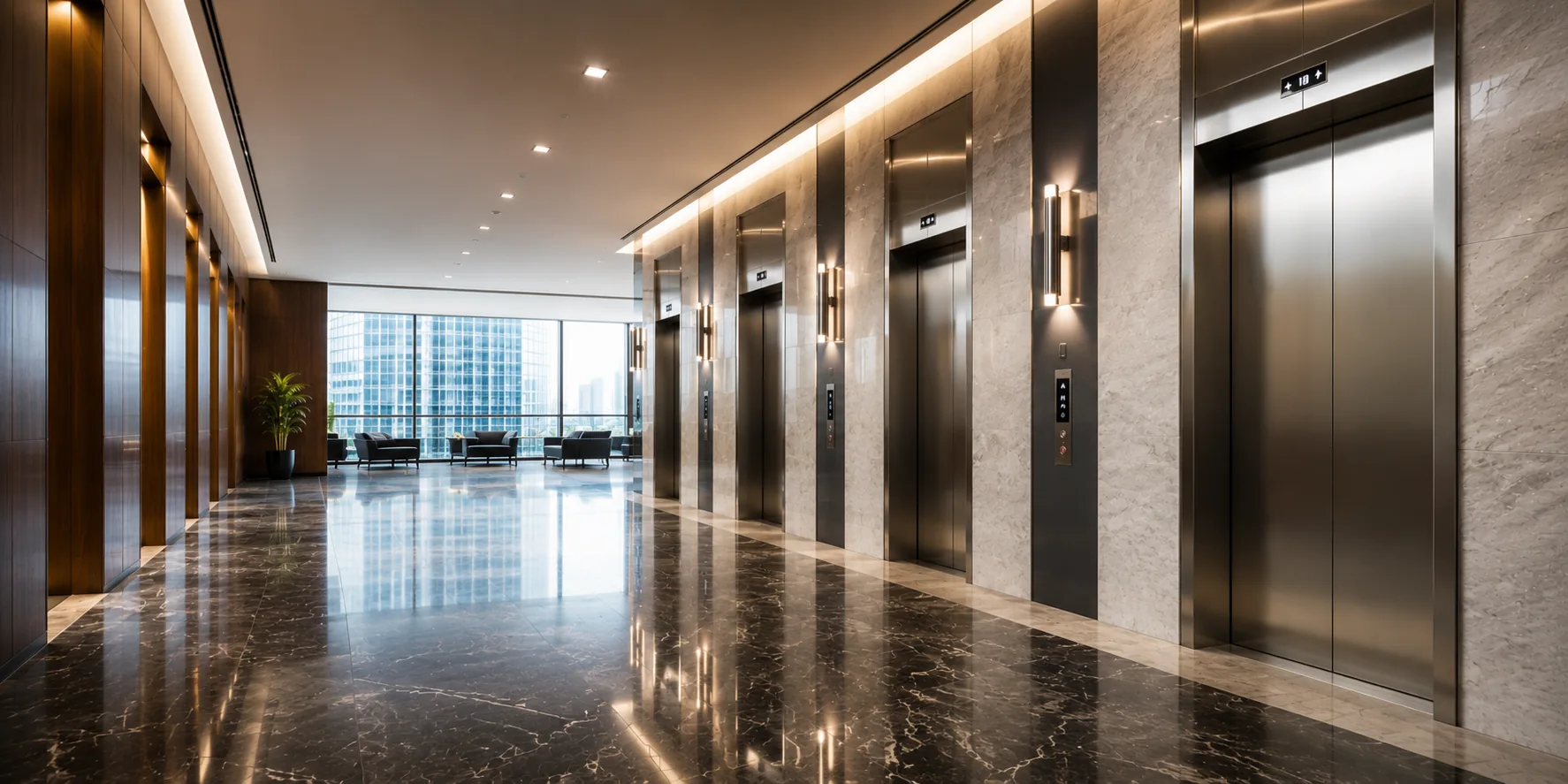 Passenger elevator in an office or apartment lobby